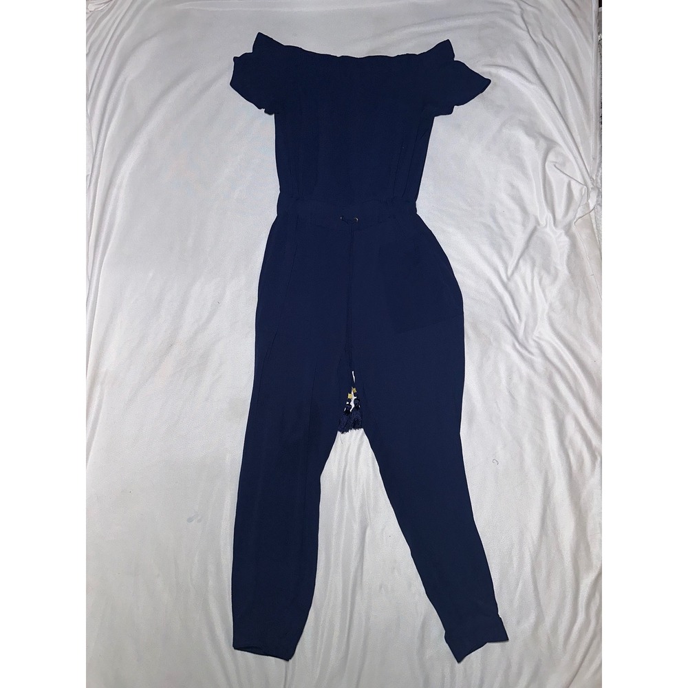 Michael Kors Navy Blue Off The Shoulder Tassel Waist Jumpsuit Medium